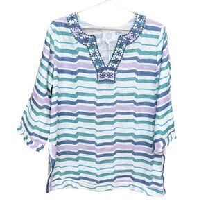 NWT Pomegranate Watercolor Stripe Blues Spilt Neck Embroidered 100% Linen Tunic